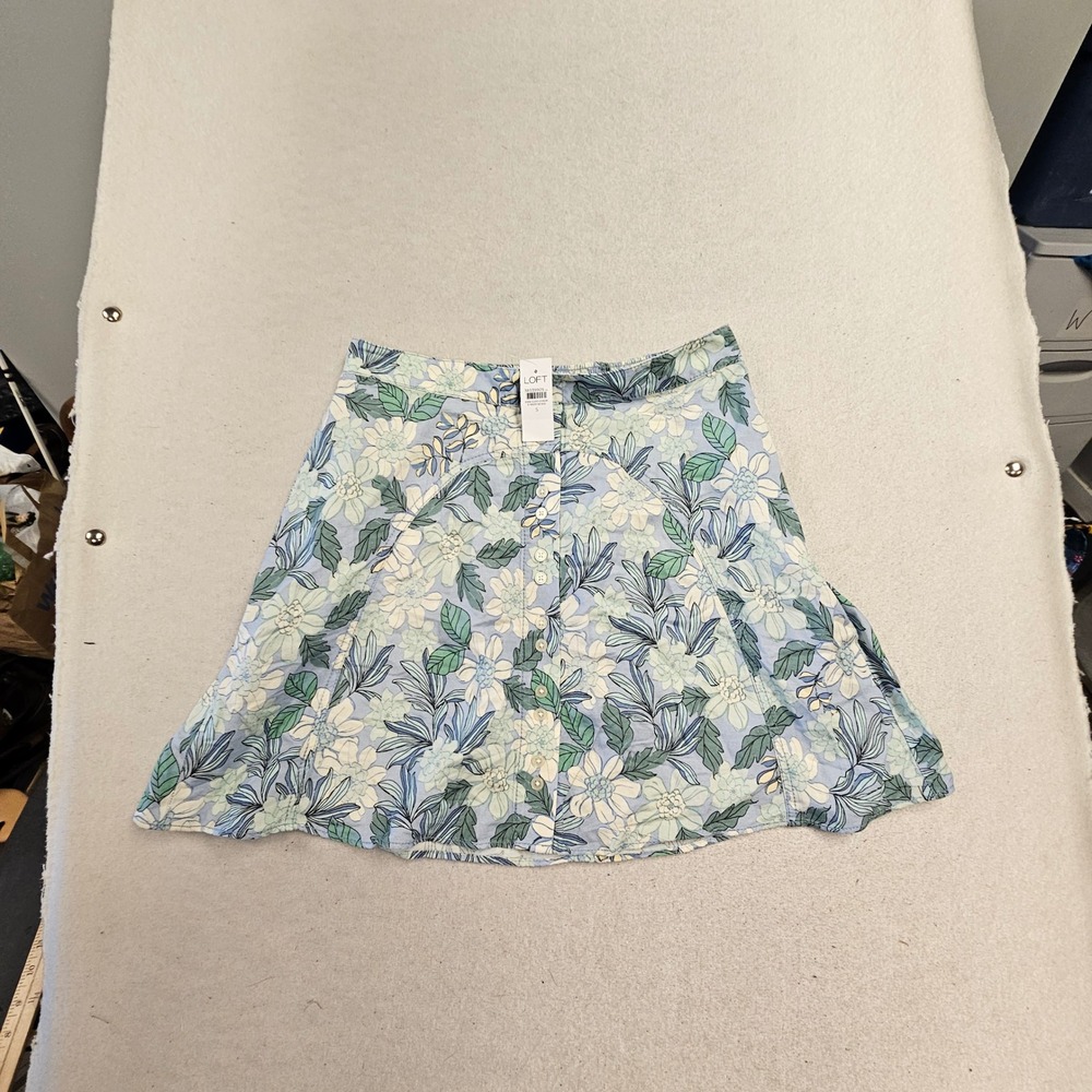 Loft Floral Linen Blend Button Front Mini Skirt Blue Green Small NWT